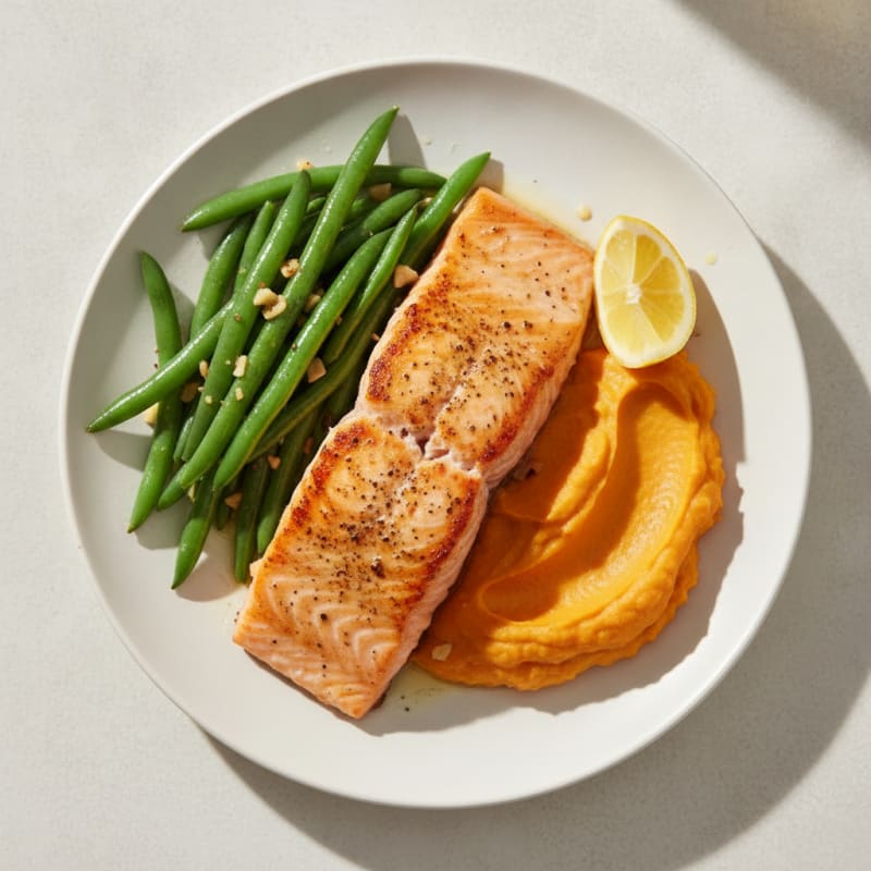 Seared Salmon with Garlic Green Beans and Sweet Potato Mash