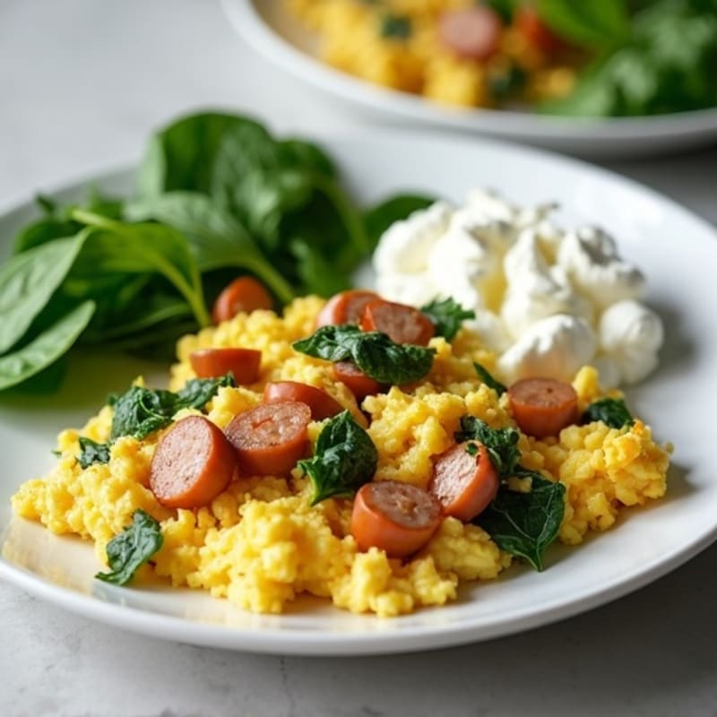 Egg White and Turkey Sausage Scramble with Spinach and Cottage Cheese