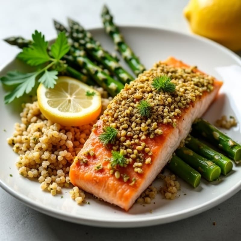 Flaky Pistachio-Crusted Salmon with Roasted Asparagus and Lemon-Herb Quinoa