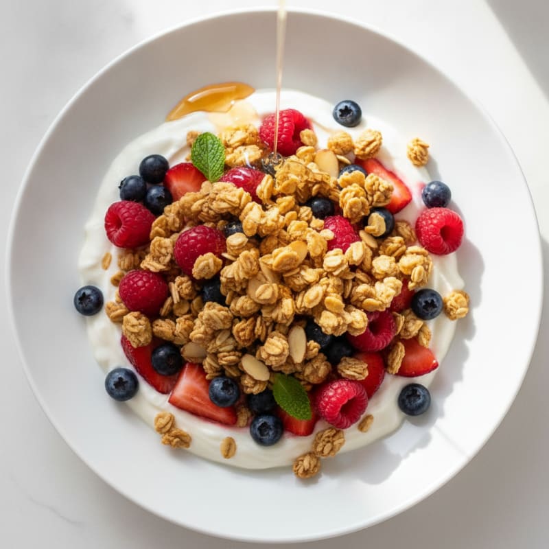 Greek Yogurt Parfait with Crunchy Almond Granola and Fresh Berries