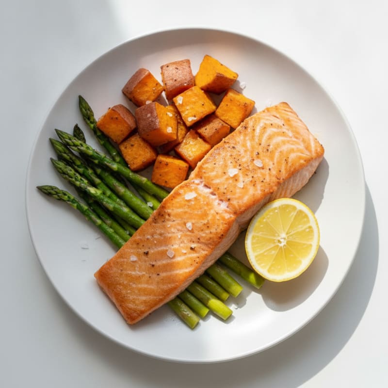 Seared Salmon with Roasted Sweet Potatoes and Asparagus