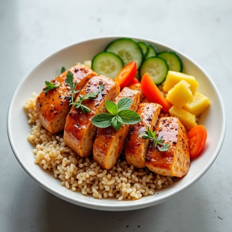 Miso Glazed Chicken Power Bowl with Brown and White Rice, Crunchy Vegetables, and Sweet Pineapple