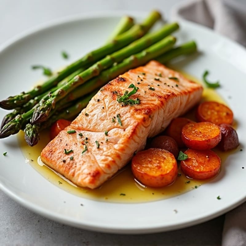 Seared Salmon with Roasted Sweet Potatoes and Asparagus