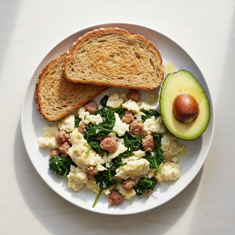 Egg White Scramble with Turkey Sausage and Sautéed Spinach
