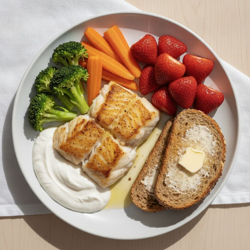 Seared Fish Fillet with Steamed Veggies and Fresh Fruit
