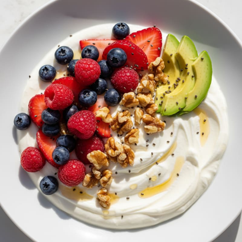 Greek Yogurt Bowl with Mixed Berries, Toasted Nuts and Protein Powder