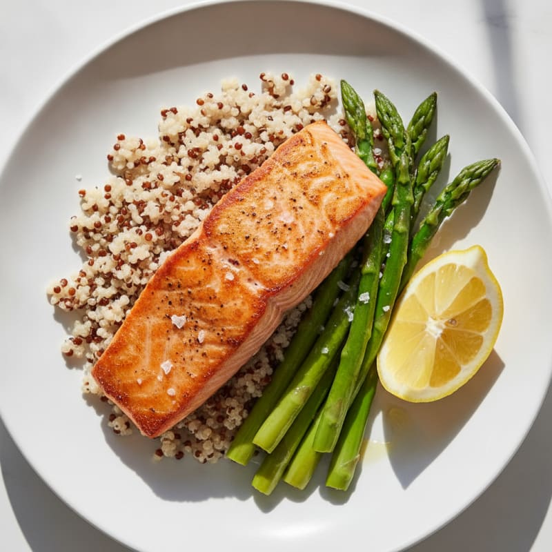 Seared Salmon with Quinoa and Steamed Asparagus