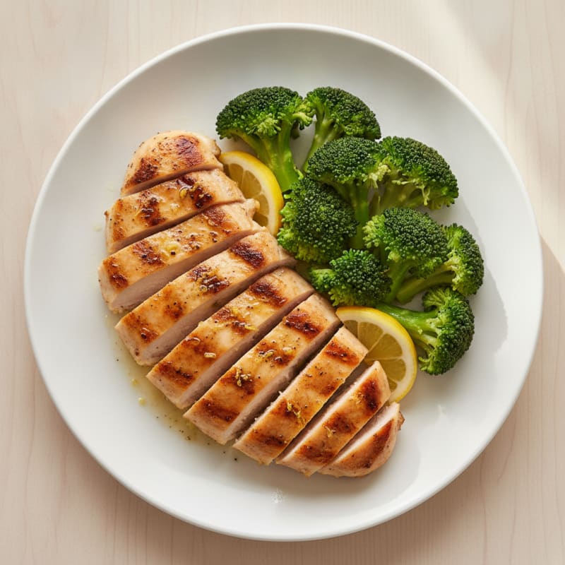 Grilled Chicken Breast with Steamed Broccoli and Lemon