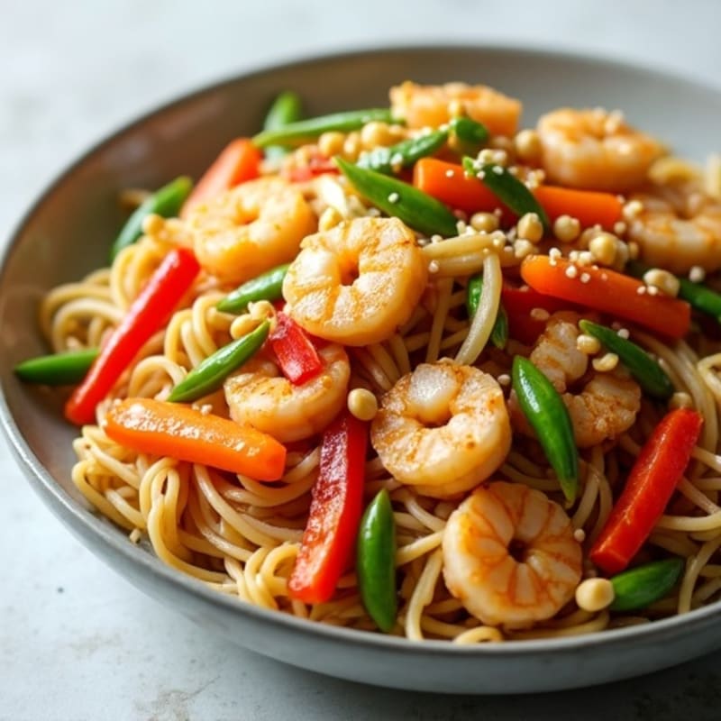 Stir-Fried Chicken and Shrimp Rice Noodles with Crisp Vegetables and Tangy Peanut Sauce