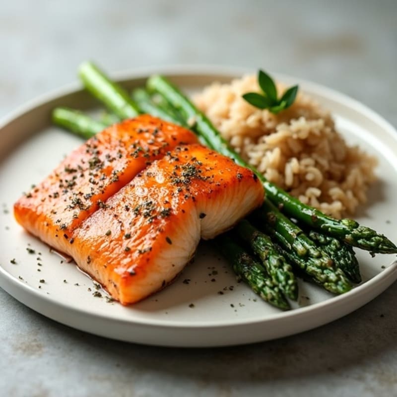 Seared Salmon with Steamed Asparagus and Brown Rice