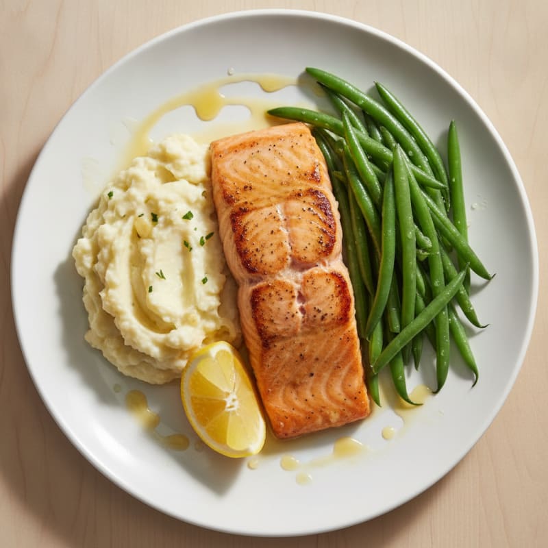 Seared Salmon Fillet with Steamed Green Beans and Mashed Cauliflower