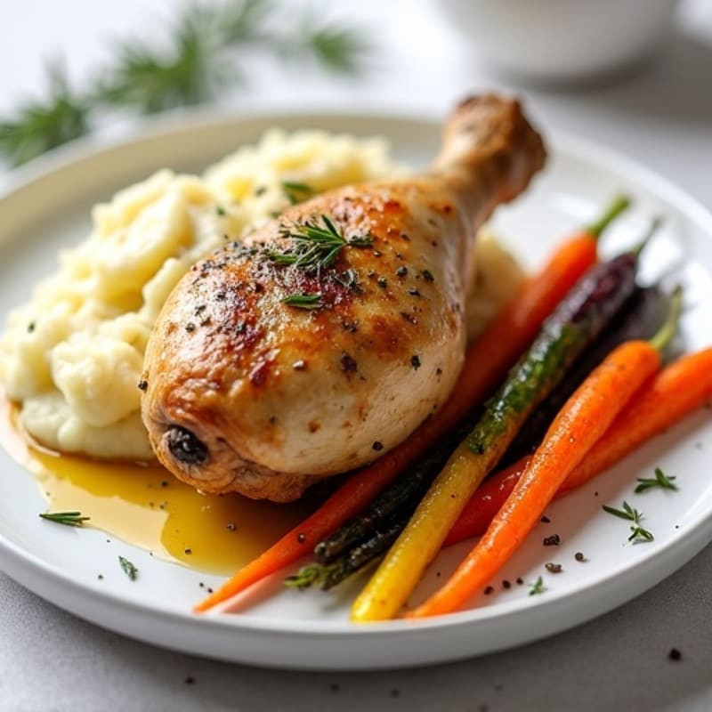 Herb-Roasted Chicken Leg with Creamy Mashed Potatoes and Roasted Rainbow Carrots