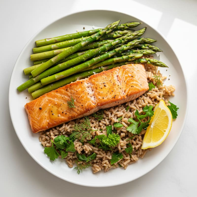 Seared Salmon with Steamed Asparagus and Herbed Brown Rice