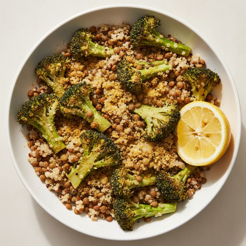 Crispy Lentil and Quinoa Power Bowl with Roasted Broccoli