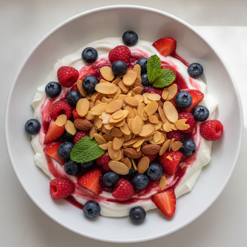 Greek Yogurt Protein Parfait with Mixed Berries and Almonds