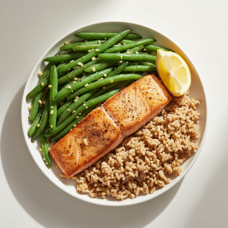 Pan-Seared Salmon with Garlic Green Beans and Steamed Brown Rice
