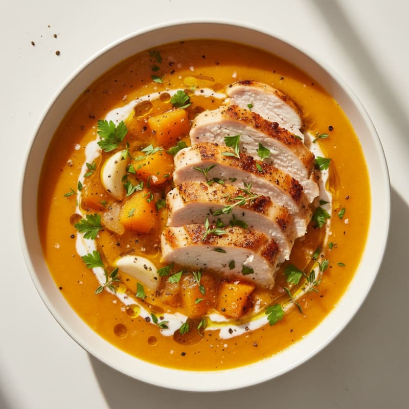 Creamy Roasted Butternut Squash Soup with Herb-Roasted Chicken