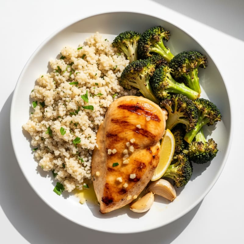 Grilled Lemon-Garlic Chicken Breast with Quinoa and Roasted Broccoli