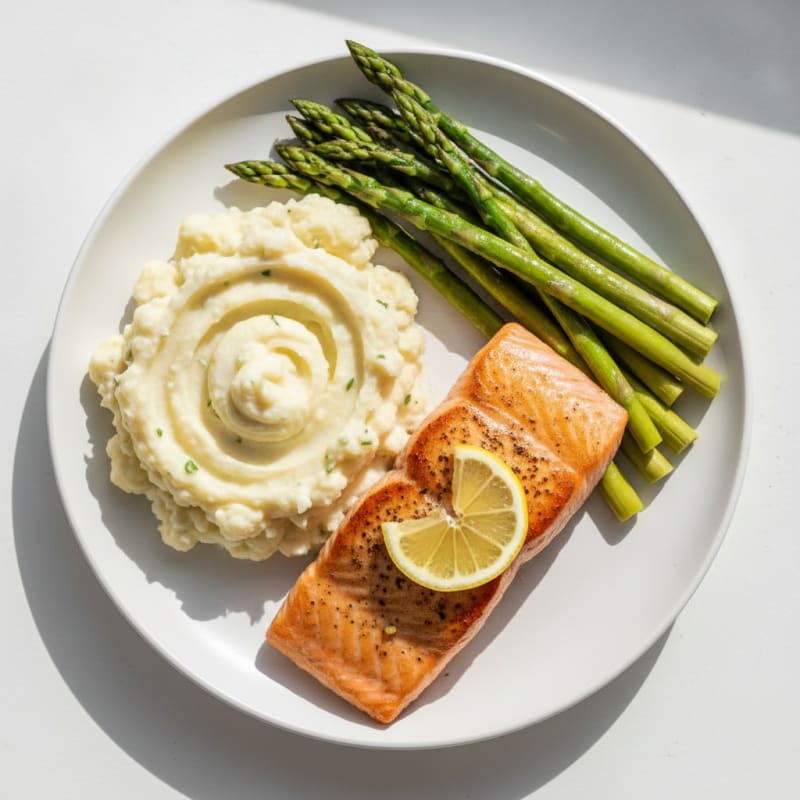 Seared Salmon Filet with Steamed Asparagus and Garlic Mashed Cauliflower