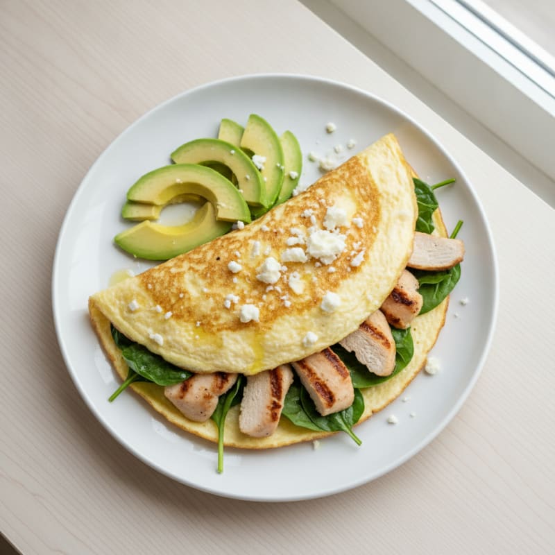 Fluffy Egg White Omelet with Grilled Chicken and Spinach