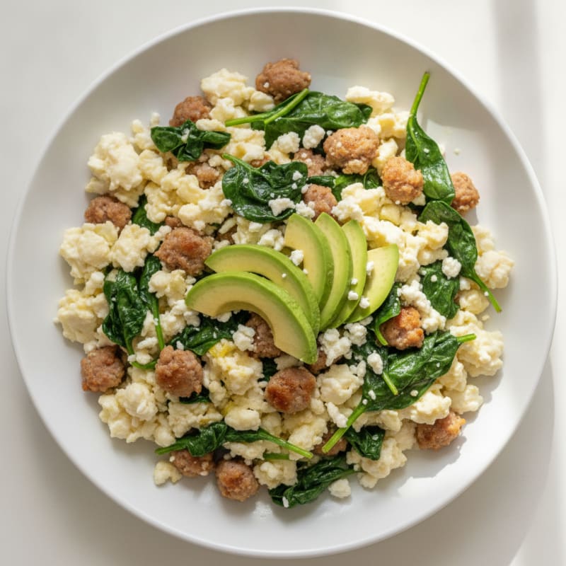 Egg White Scramble with Turkey Sausage and Sautéed Spinach