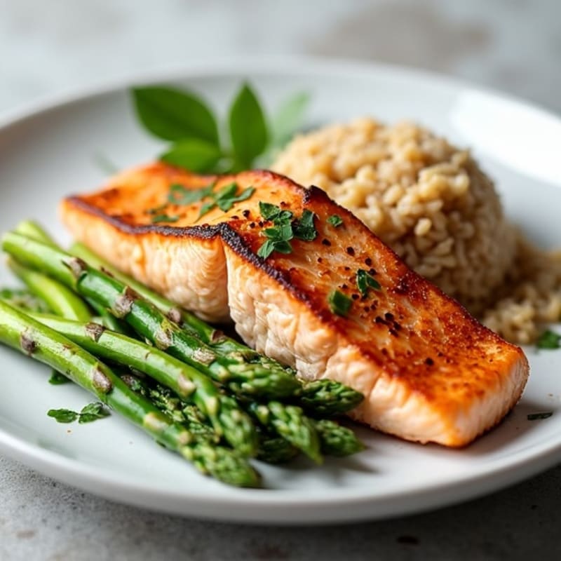 Seared Salmon with Steamed Asparagus and Brown Rice