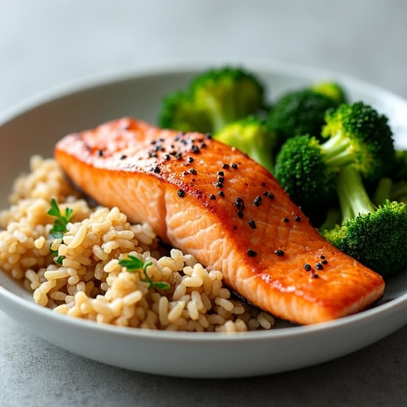 Seared Salmon with Steamed Broccoli and Brown Rice