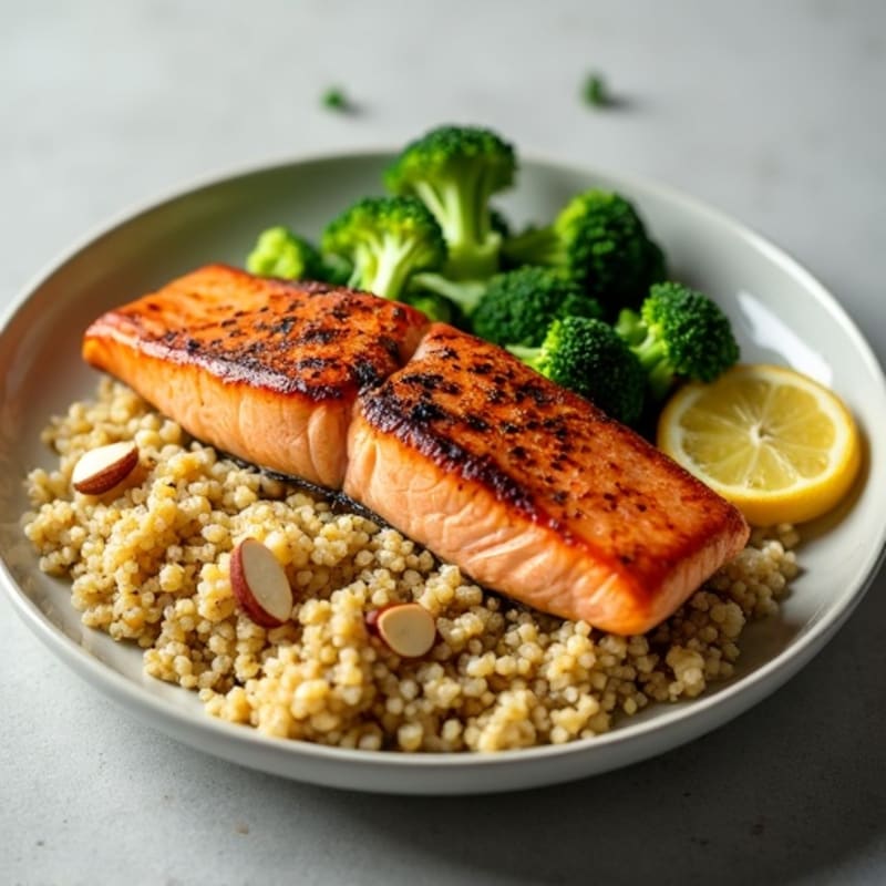 Seared Salmon with Steamed Broccoli and Quinoa