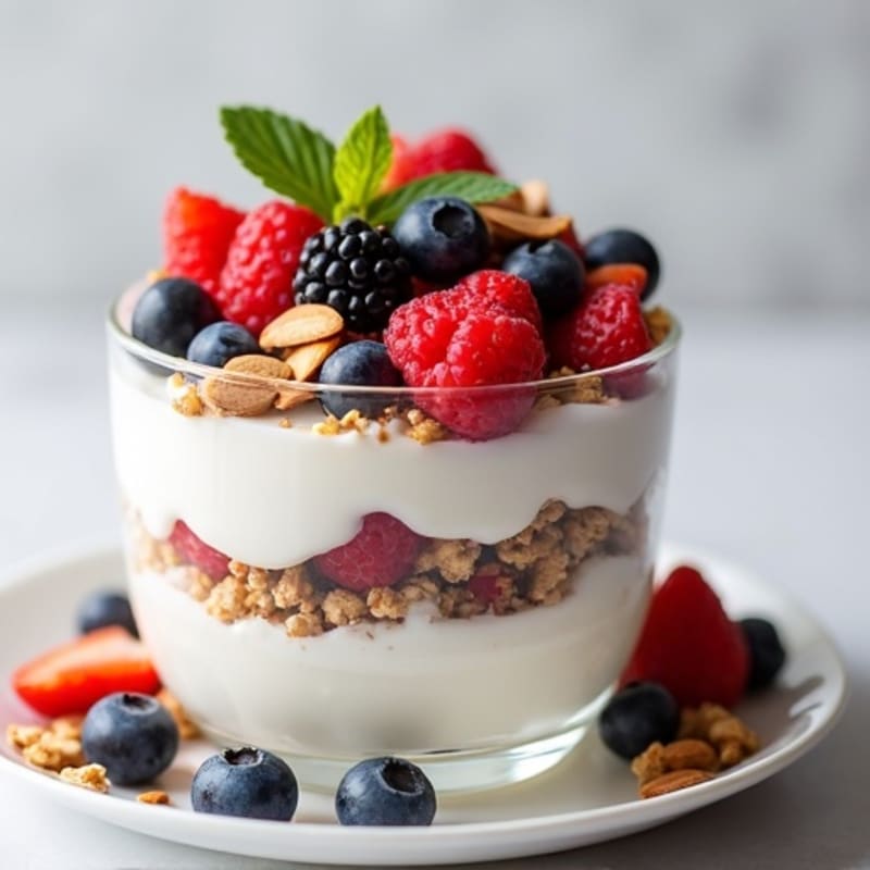 Greek Yogurt Parfait with Mixed Berries and Almond Crunch