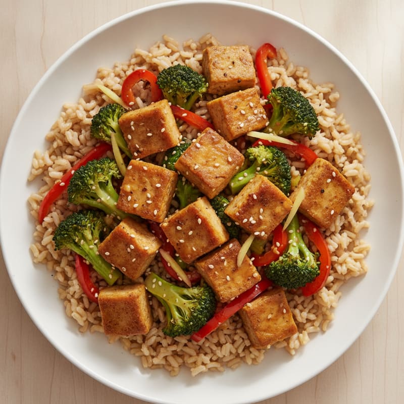 Pan-Seared Seitan with Rice and Vegetables