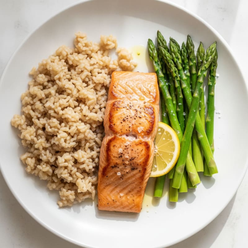 Seared Salmon with Steamed Asparagus and Brown Rice