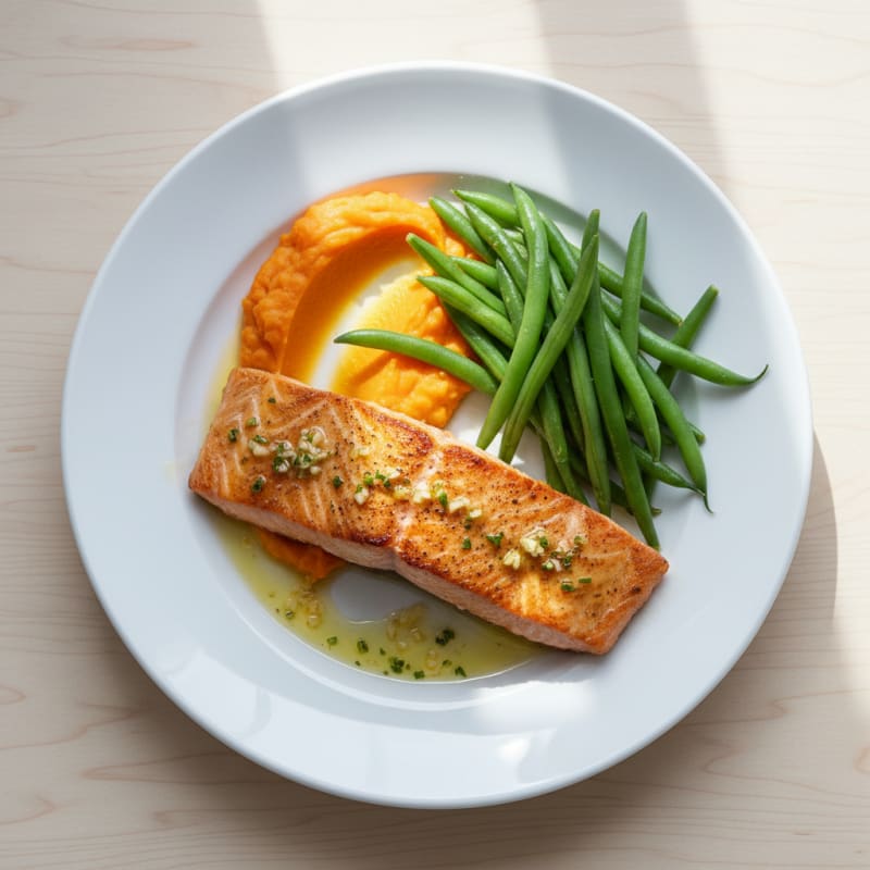 Seared Salmon with Steamed Green Beans and Sweet Potato Mash
