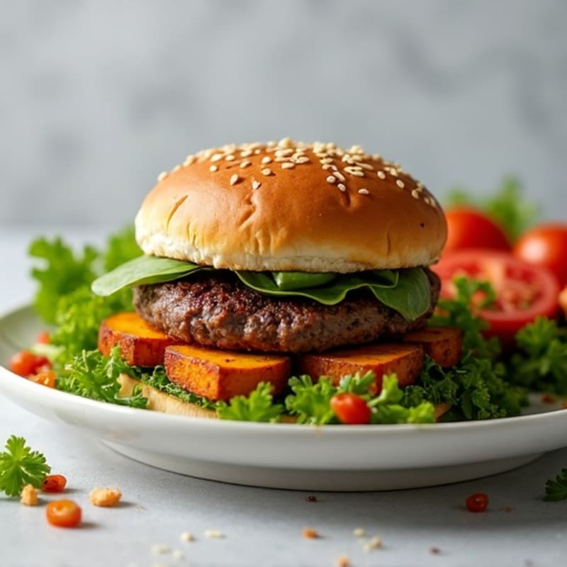 Lean Beef Burgers with Crispy Roasted Sweet Potatoes and Fresh Greens