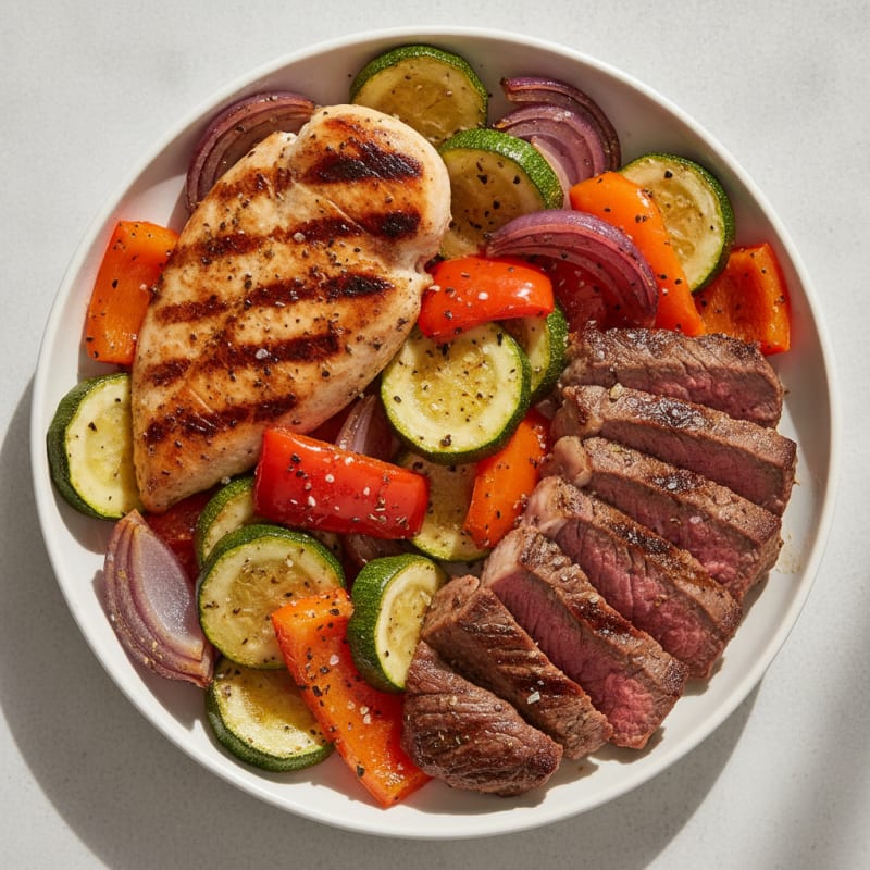 Grilled Chicken and Steak with Roasted Vegetables
