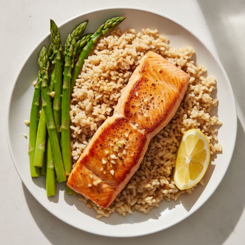 Seared Salmon with Steamed Asparagus and Brown Rice