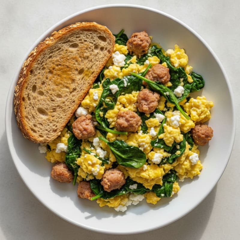 Cottage Cheese Scramble with Turkey Sausage and Spinach