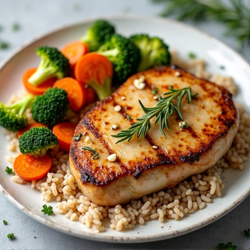 Pan-Seared Garlic Herb Pork Chop with Roasted Broccoli, Carrots, and Brown Rice
