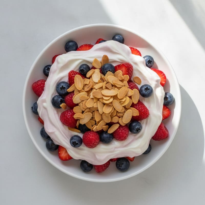 High-Protein Greek Yogurt Parfait with Mixed Berries and Almonds