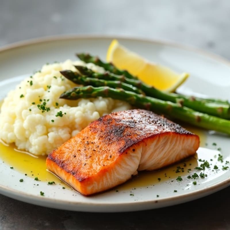 Seared Salmon with Steamed Asparagus and Cauliflower Mash