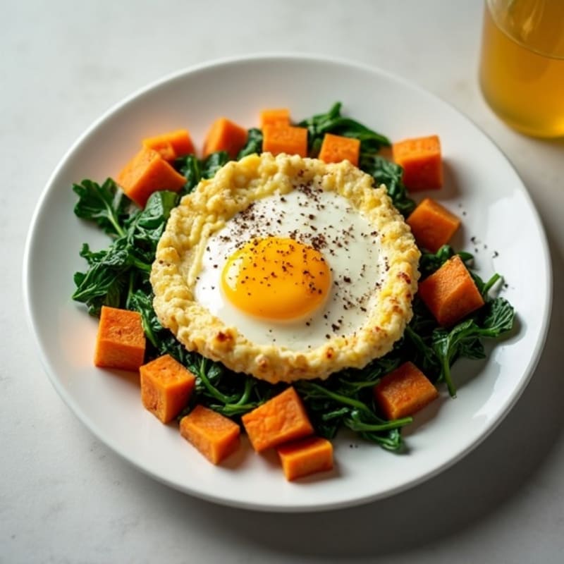 Egg White and Turkey Spinach Scramble with Roasted Sweet Potatoes
