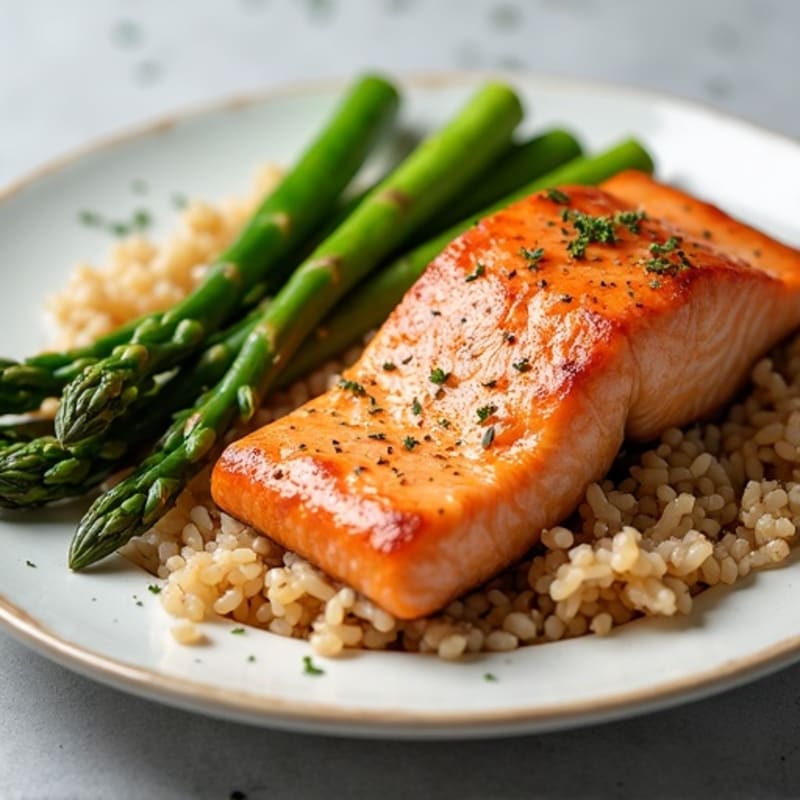 Seared Salmon with Steamed Asparagus and Brown Rice