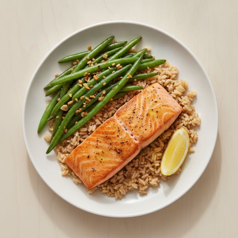 Seared Salmon Fillet with Garlic Green Beans and Brown Rice