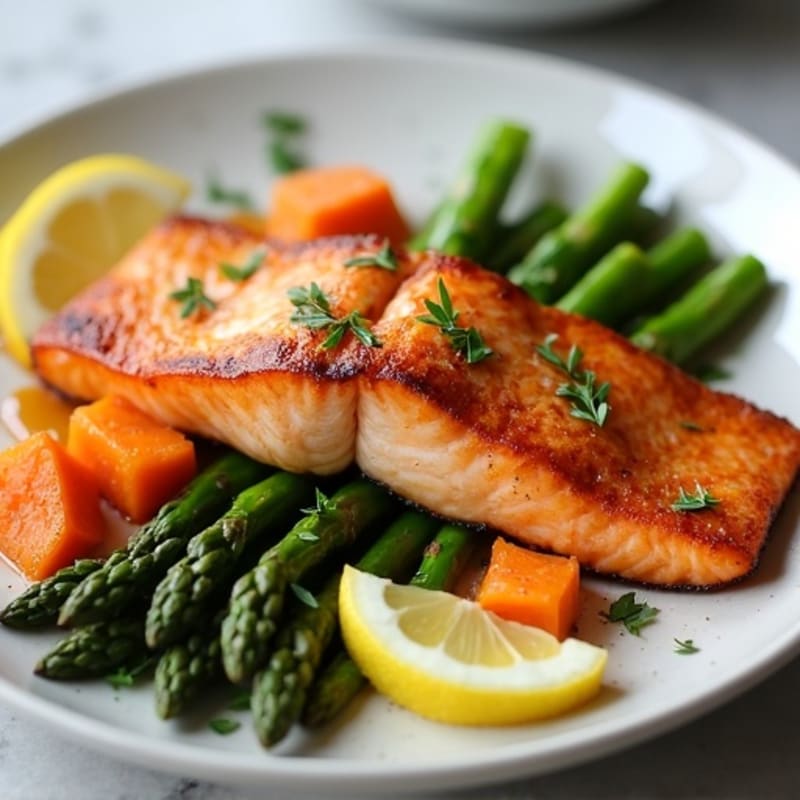 Seared Salmon with Roasted Sweet Potatoes and Asparagus