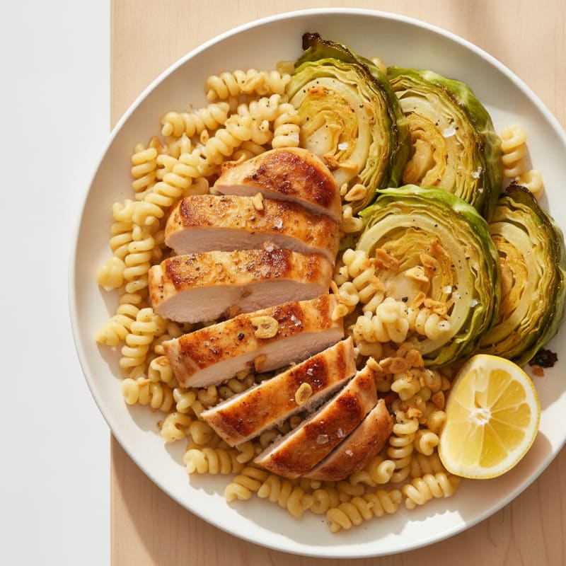 Seared Chicken Breast with Roasted Cabbage and Chickpea Pasta