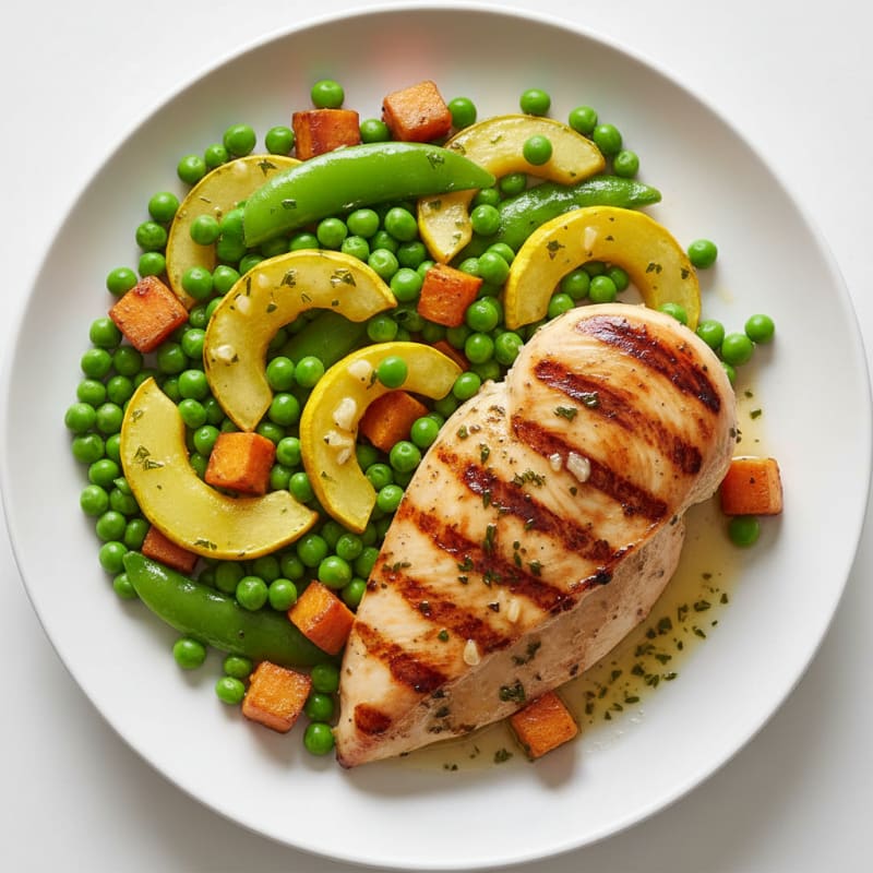 Grilled Chicken Breast with Steamed Peas and Squash