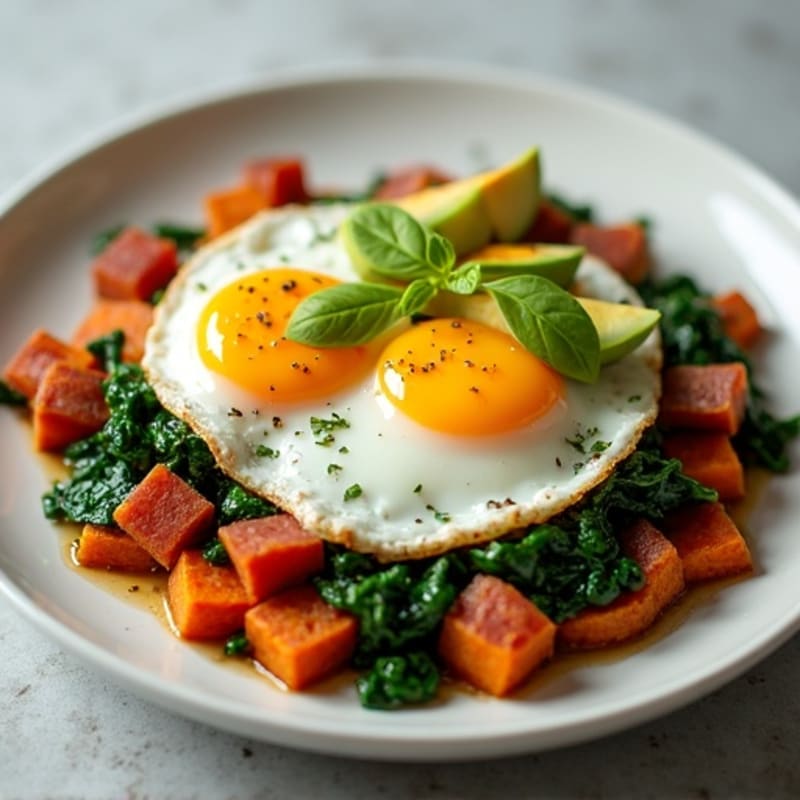 Egg and Sweet Potato Hash with Sautéed Spinach and Avocado