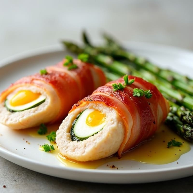 Prosciutto-Wrapped, Mozzarella-Stuffed Chicken Breast with Roasted Asparagus