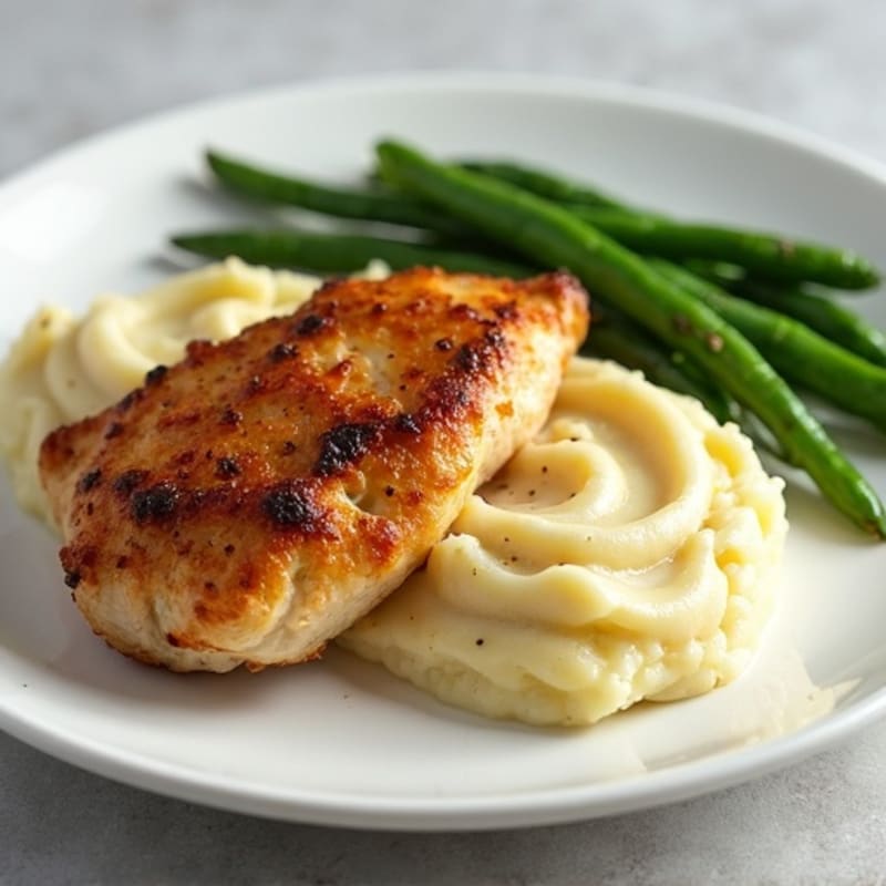 Crispy Pan-Seared Chicken with Creamy Garlic Mashed Potatoes and Roasted Green Beans