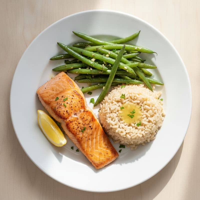 Seared Salmon Fillet with Garlic Green Beans and Brown Rice