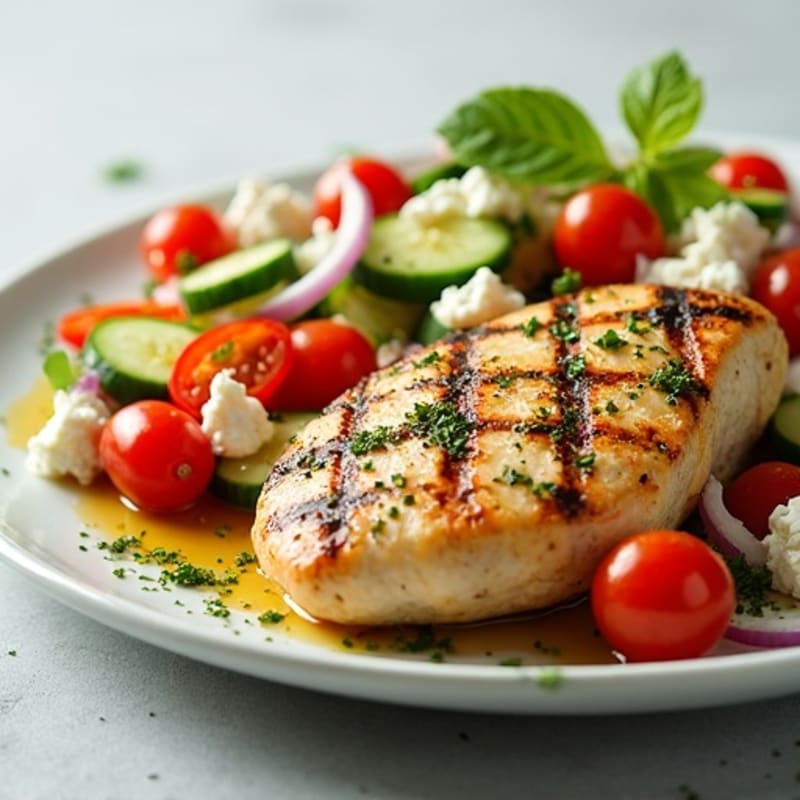 Lemon-Herb Grilled Chicken with Fresh Vegetable and Crumbled Feta Salad